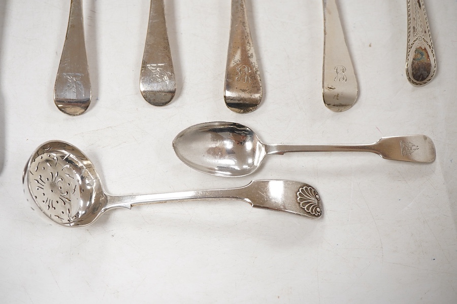 Two pairs of George III silver Old English pattern table spoons, Smith & Fearn, London, 1796 and Soloman Hougham, London, 1800, both approx. 22.2cm, together with a George III silver fiddle pattern basting spoon, Richard